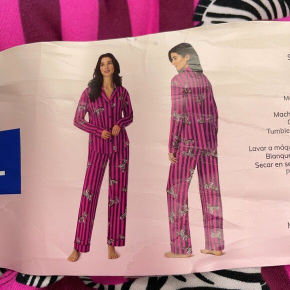 NEW Room Service Women's L Shawl Collar Pajama Set Pink Zebra & Stripe Pattern - Picture 10 of 11